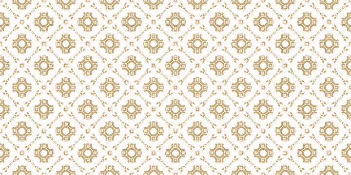 Luxury gold and white abstract geometric ornament. Elegant seamless pattern with exquisite grid, floral shapes, lattice, tiles. Golden vector background texture. Repeated design for wallpaper, print