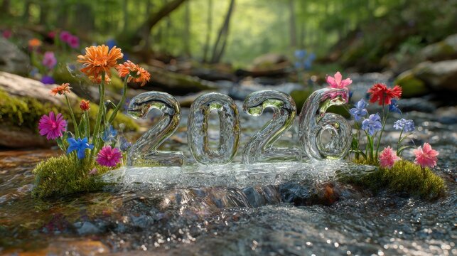 Spring snow ice thaw, end of Winter Season, hope, fresh start. A tranquil scene of a stream surrounded by lush green grass and vibrant flowers, with the number 2026 prominently displayed in the water.