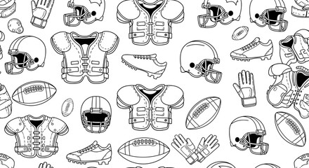 Naklejka premium Seamless Pattern of American Football Equipment, Helmets, Pads, Balls and Shoes, Hand-Drawn Sketch Style