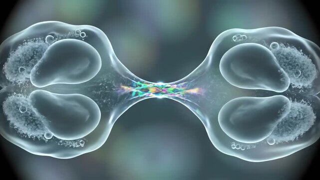 A 3D render of a translucent ameba cell dividing, showcasing internal structures and organelles, set against a blurred dark background with glowing accents. Perfect for biology, education,