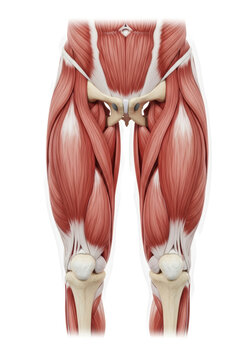 Hyperrealistic 3d render of the right human adductor muscle group in deep red hue, showing origin and insertion points, on a sterile white background. Concept of human anatomy visualization