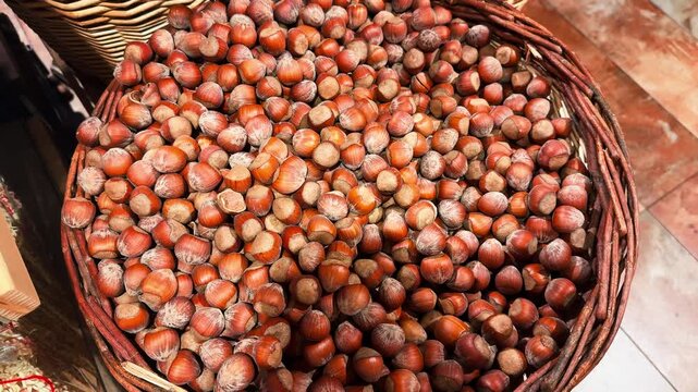 Fresh hazelnuts sold at farmers markets, rich in healthy fats, proteins, and vitamins. High quality 4k footage