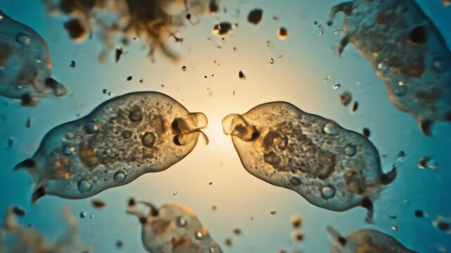 Microscopic view of ameba cells under a microscope, showcasing their unique shapes and structures in a laboratory setting. Perfect for educational materials, biology textbooks, and