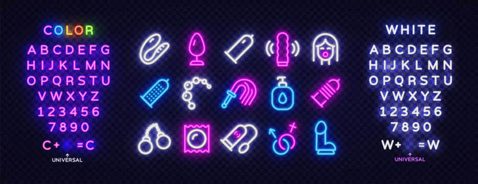 Luminous neon letters with adult accessories icons arranged in a stylish composition. Modern vector collection with alphabet, numbers and glowing elements for creative nightlife design.