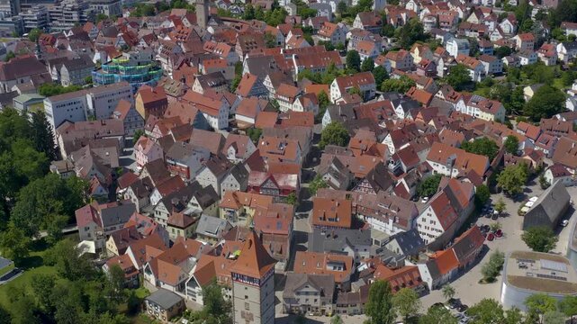 Aerial view of the old town above the city of Waiblingen in south Germany, on a sunny spring day.
