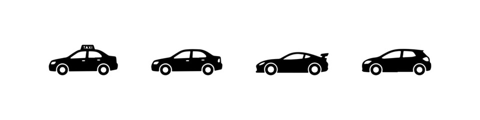Naklejka premium A set of four black silhouette car icons, featuring a taxi, a sedan, a sports car with a spoiler, and a compact hatchback.