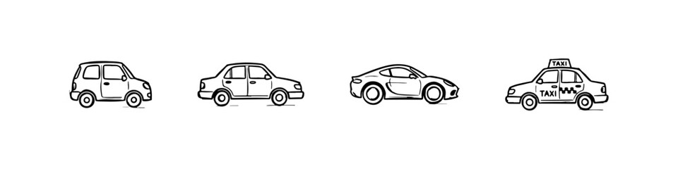 Fototapeta premium A set of four hand-drawn doodle icons featuring a taxi, a classic sedan, a sleek sports car, and a small compact city car in a sketchy style.