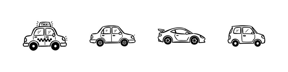 Fototapeta premium A set of four hand-drawn doodle icons featuring a taxi, a classic sedan, a sleek sports car, and a small compact city car in a sketchy style.