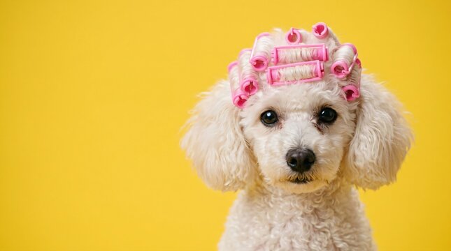Poodle dog with pink hair curlers on head. Funny pet portrait on isolated bright yellow background. Grooming salon concept for humorous animal photography and creative pet styling.