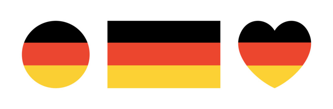 Flag of Germany round, rectangular, heart button, sticker, icon. National flag of Germany circle, rectangle, heart shaped badge, banner, background.