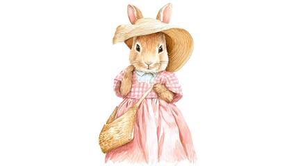 Obraz premium Cute Easter bunny character wearing a pink check dress. Hand-drawn watercolor illustration for nursery decor. Sweet rabbit in a straw hat on a white background.