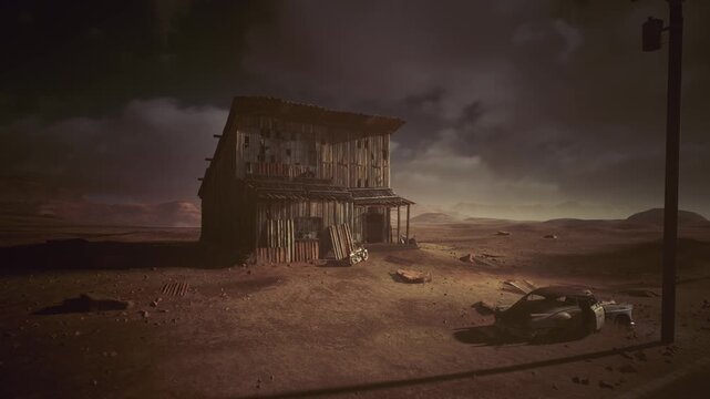 Deserted wooden shack in stormy dusk, desert plain with wrecked car and tilted utility pole, heavy brooding clouds casting dramatic shadows, cracked sunbaked