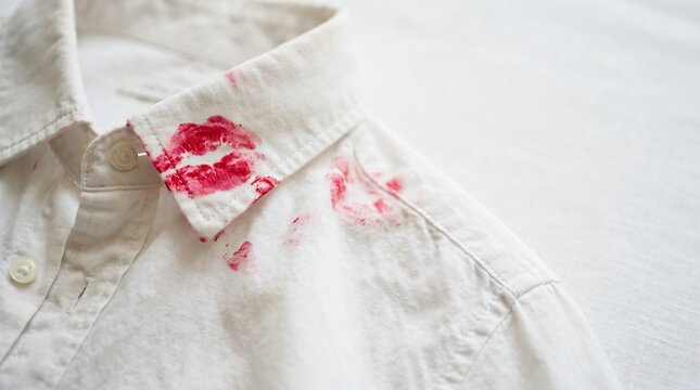 White shirt stained with red lipstick kiss mark on collar. Evidence of cheating or infidelity in relationship. Romantic betrayal, jealousy and secret affair concept in modern marriage.