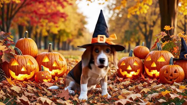 Beagle dog in witch hat surrounded by jack o lanterns.