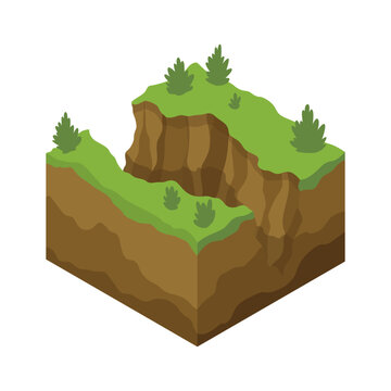 Soil layers and gorge vector isometric element. Platform of texture of soil. Game design ground 3d isometric tile. Nature landscape in 3d style interface