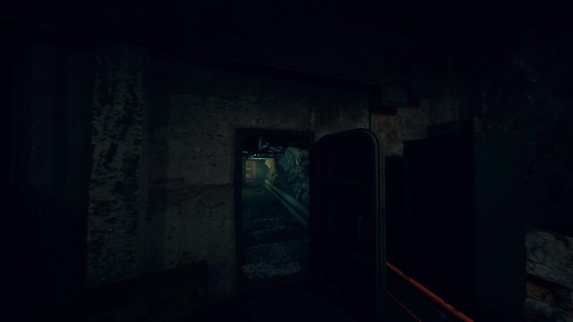 long descending pipe tunnel with rails, wet concrete walls and twin pipes, greenish glow and distant vanishing point, sense of depth and isolation suited