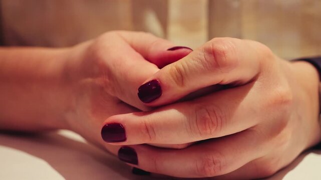 A restless, anxious woman, close-up of her hands rubbing nervously. High quality 4k footage
