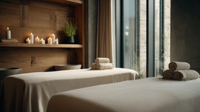 Therapy stress release treatment, health lifestyle. A tranquil spa room with two massage tables adorned with neatly folded towels, a wooden shelf with candles and a potted plant.