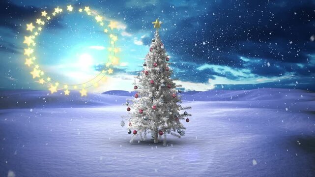 Decorative shining star lights against snowflakes falling over christmas tree on winter landscape
