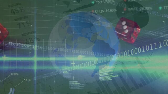 Animation of financial data processing binary coding over globe and red dice