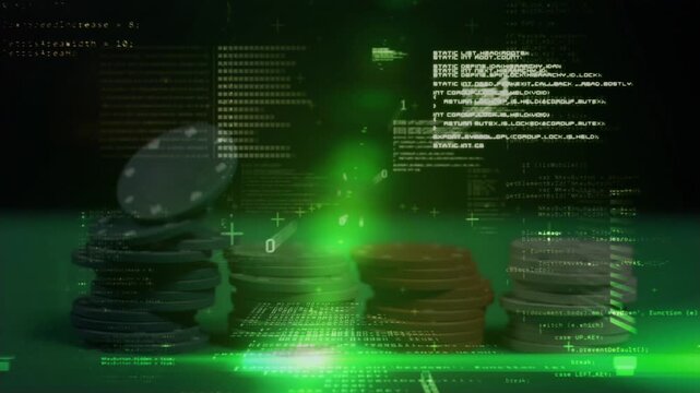 Animation of data processing and binary coding over casino chips
