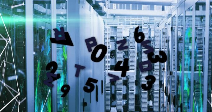 Animation of letters, numbers, data processing over computer servers