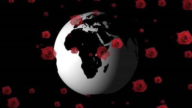 Animation of multiple red rose icons falling over spinning globe against black background