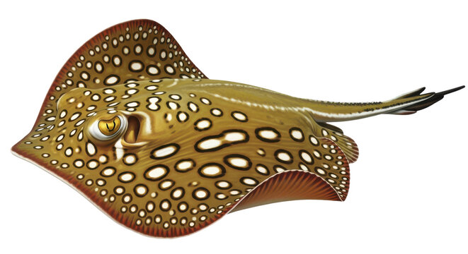 Spotted stingray fish with white spots on brown body isolated on transparent background