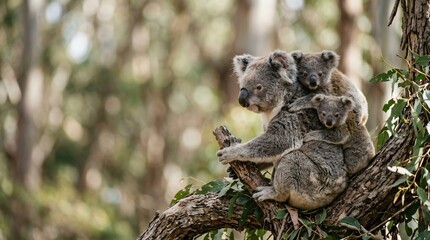 Fototapeta premium Koala mother carrying baby on back sitting on tree branch. Wild animal family in forest environment. Australian wildlife nature conservation. Fauna inhabitant of eucalyptus woodland.