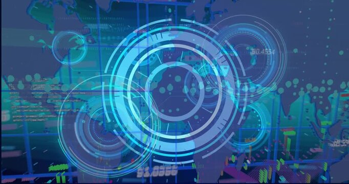 Animation of world map, processing circles and data on navy background