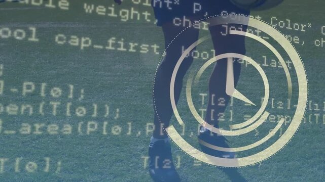 Animation of moving clock and data processing over diverse football players