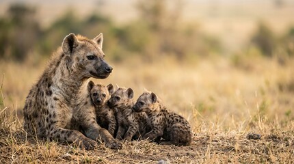 Obraz premium Spotted hyena mother with three cubs sitting in dry grass. Wild animal family in natural habitat. Concept of motherhood, parental care and wildlife conservation in african savanna.