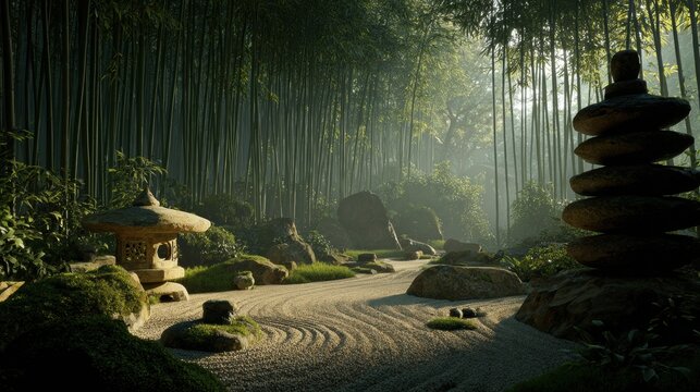 Zen Buddhism, meditation, inner peace, Chinese Japanese Asian tradition. Therapy stress release treatment, health lifestyle. A tranquil Japanese garden with a stone lantern in the middle.