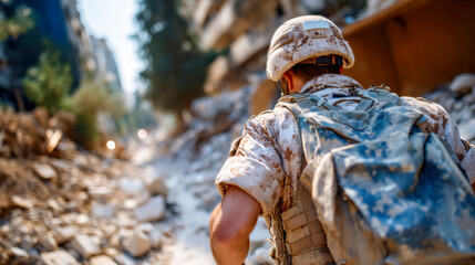Fototapeta premium Soldier walking through rubble in a devastated urban war zone, conveying conflict, destruction, and military danger