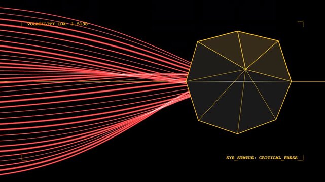 High-end 3D visualization of economic volatility nodes. Features amber monoliths with crimson warning glints and critical telemetry data. Native Alpha Channel included. Optimized for 16:9 display.