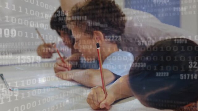 Animation of binary codes, dots connecting with lines, multiracial teacher assisting boy in writing
