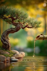 Obraz premium Zen Buddhism, meditation, inner peace, Chinese Japanese Asian tradition. Therapy stress release treatment, health lifestyle. A tranquil scene of a bonsai tree in a Japanese garden.