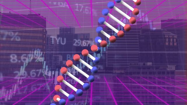 Animation of rotating dna helix in black circle with trading board and graphs over cityscape