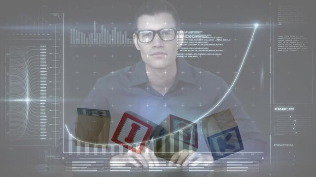 Animation of wooden blocks with risk text, graphs, codes over caucasian man typing on keyboard