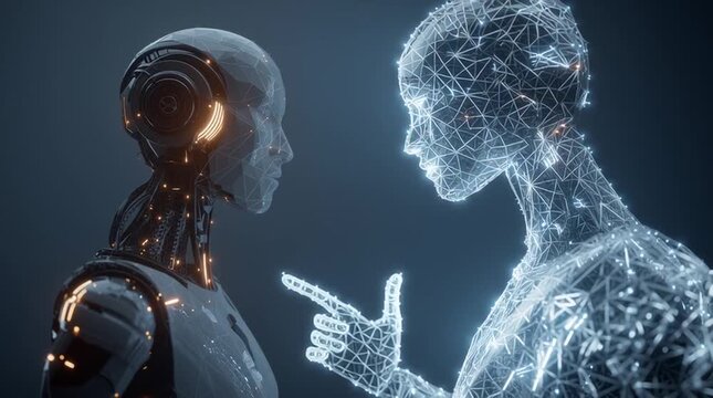 Robotic android meeting a digital avatar in the metaverse representing artificial intelligence and futuristic technology
