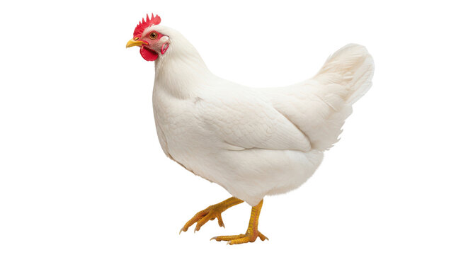 White chicken standing on transparent background with red comb and yellow beak and legs
