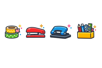 Naklejka premium Colorful cartoon stationery icons featuring decorative tape roll, red stapler, blue hole punch, and pencil holder with office supplies on white