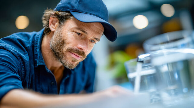 The cleaning worker washes the kitchen sink and appliances, paying special attention to the interior of the room