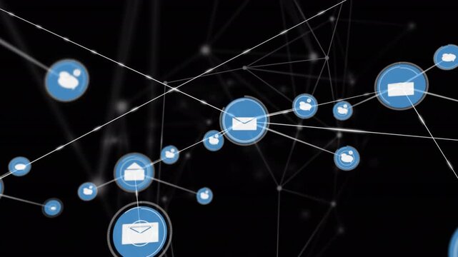 Animation of speech bubble and envelope icons connected with lines on black background