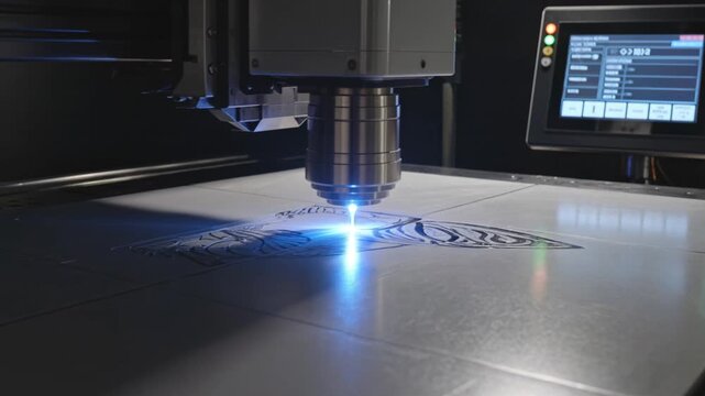 Metal laser cutter etches detailed designs with visible sparks