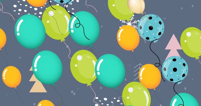 Animation of balloons and snow over trees on grey background