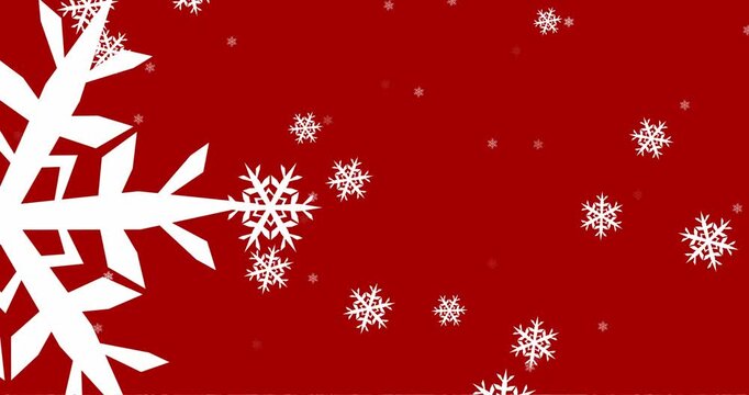 Animation of christmas snow falling on red background