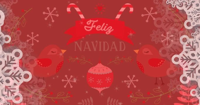 Animated snowflakes and feliz navidad message with birds on a festive background.