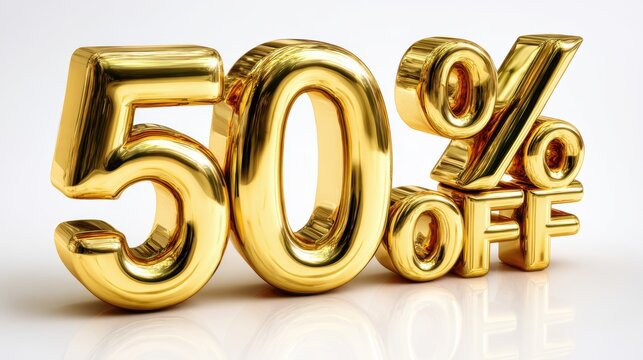 A glossy, golden 50 off sign against a white background.