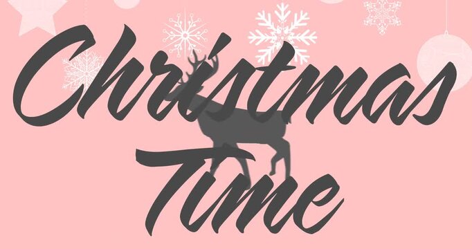 Animated text reading merry christmas in grey letters on white background, with a reindeer flying